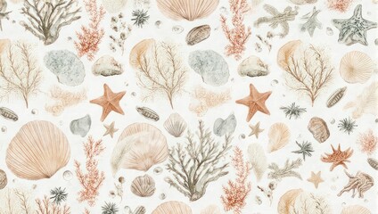 Watercolor Sea Life Pattern with Starfish and Coral.