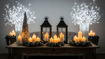Cozy Christmas Decor with Candles, Lanterns, and Fairy Lights on Wooden Table