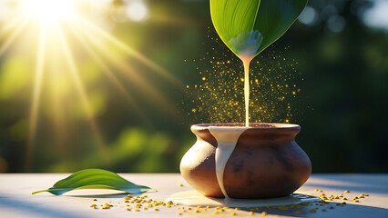 Golden liquid pouring from leaf into clay pot on natural background with sunlight