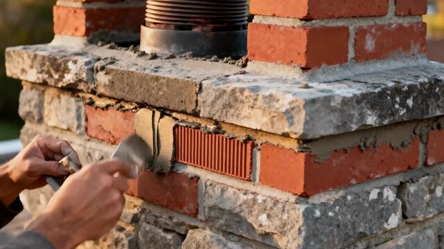 Craftsman blends new brickwork seamlessly with old on a chimney highlighting precise patching techniques and thorough restoration in medium framing