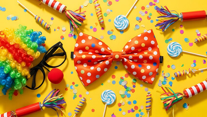 Colorful party supplies and candies on a bright yellow background for celebration