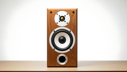 Wooden bookshelf speaker with white and black drivers on a table