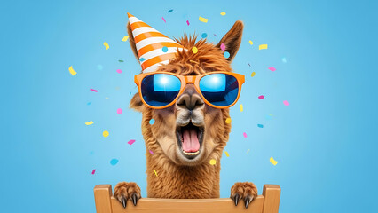 Funny llama wearing sunglasses and party hat on blue background with confetti