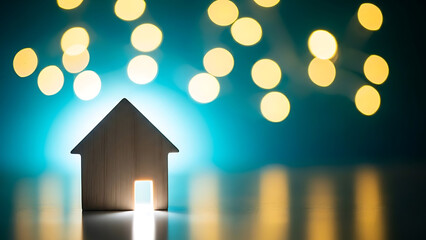 Cozy wooden house with glowing doorway and warm lights in the background at night