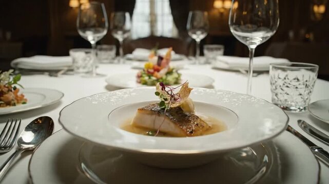 FOOTAGE of a fine dining experience with a gourmet meal served on a luxurious table setting in a sophisticated restaurant