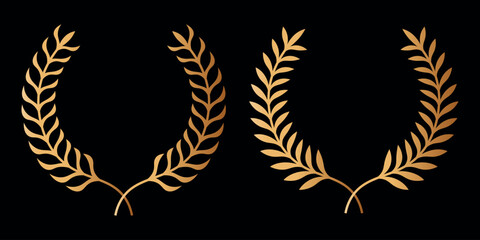 Gold laurel wreath. Golden silhouette laurel foliate wreaths award, achievement, chaplet, heraldry, nobility. Golden leaf silhouette on black background.