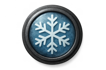 Snowflake icon on a blue metallic button, symbolizing winter, cold, frost, ice, and temperature control, transparent background