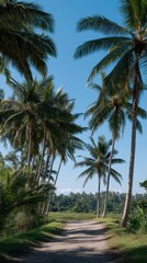 Obraz premium Serene Tropical Jungle Path Surrounded by Tall Palm Trees Under Clear Blue Sky