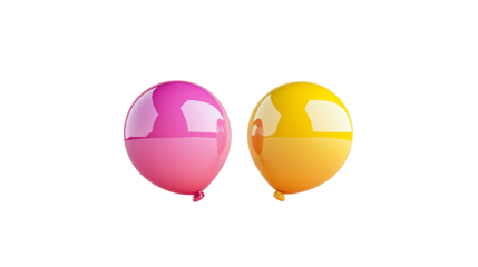 Two colorful balloons, one pink and one yellow, floating together on a white isolated background. Perfect for celebrations or party themes.
