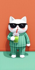 Fototapeta premium White cat in striped pajamas, sunglasses, sipping green bubble tea. Minimalist style, vibrant orange background. Cute, modern aesthetic.