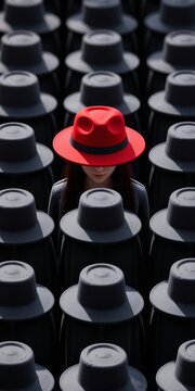 Red hats stand out among sea of black fedoras, symbolizing individuality in uniform crowd. Minimalist, dramatic contrast.
