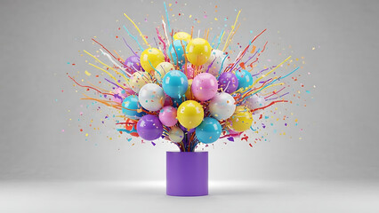 Vibrant colorful balloons and confetti in purple vase on gray background celebration