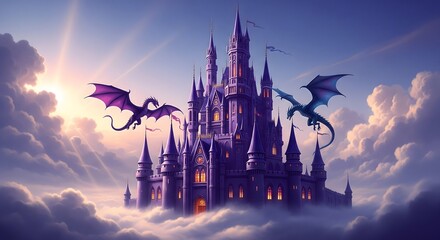 Majestic castle floats amidst clouds with dragons soaring overhead at sunrise
