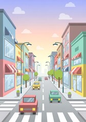 Fototapeta premium Stylized Cityscape Illustration with Buildings, Cars, and Streetlights
