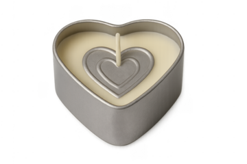 Heart shaped candle symbolizing love and romance in a tin
