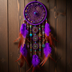 Vibrant purple dreamcatcher with feathers and beads on a wooden wall background decoration