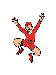 Fototapeta premium Happy Athlete in Red Uniform Jumping with Arms Raised.