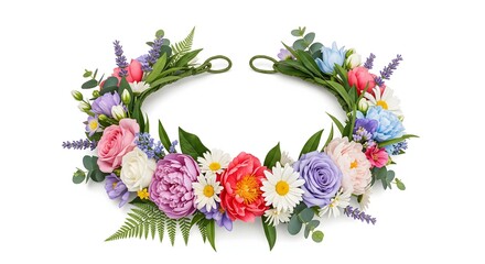 Vibrant floral wreath with colorful flowers and lush greenery on white background