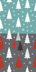 Winter forest scene: white, red, and brown pine trees against teal sky. Snowflakes add festive charm to the cozy holiday design.