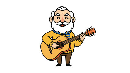 Happy elderly man playing acoustic guitar with a smile.