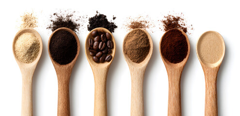 Wooden spoon arrangement holding different coffee varieties isolated on white background, studio still life photographed indoors to show caffeine beverage choices