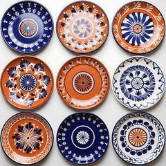 Collection of nine colorful ceramic plates with floral designs on white background