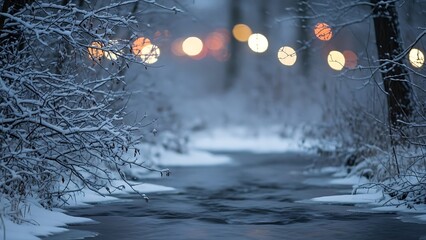 Winter forest with snow under a peaceful sky reflecting sunlight