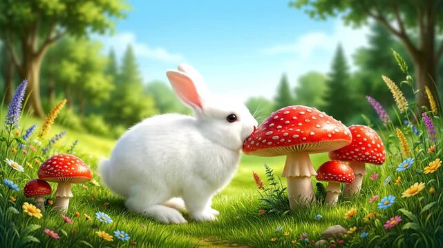 A cute white rabbit in a magical forest with red mushrooms and vibrant flowers.