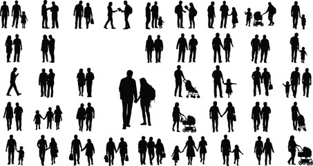 Silhouette people, family interaction, walking pose, stroller scene, backpack, everyday life, urban diversity, emotion, movement, care, bonding