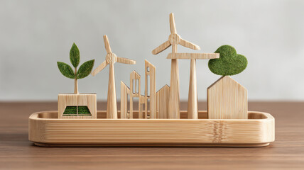 Eco-friendly wooden miniature structures including wind turbines, plants, and a house, representing sustainable living and environmental awareness.