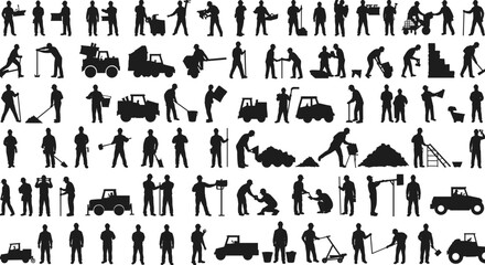 Construction worker silhouettes, labor activity, teamwork, machinery, digging, bricklaying, wheelbarrow, forklift, dump truck, utility vehicle, industrial scene, job site © Rifat Creatives