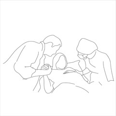husband accompanies wife in childbirth. One continuous single drawing line art flat doodle doctor, 