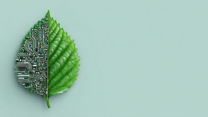 A conceptual image of a leaf split in half, one side showcasing natural, the other, technology. Depicting the merging of technology and the environment
