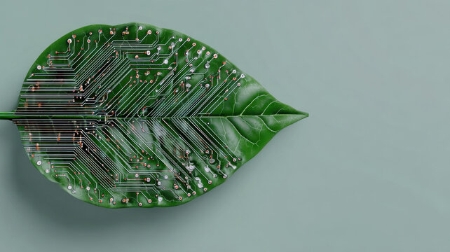 A creative concept: a circuit board embedded within a green leaf, showcasing the fusion of nature and technology. The image represents eco-friendly and sustainable technology