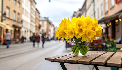 Yellow flowers in vase on cafe table outdoor.