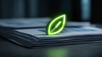 A luminous green leaf symbol resting on top of a stack of documents, representing an eco-friendly concept. The leaves glow in the dim light