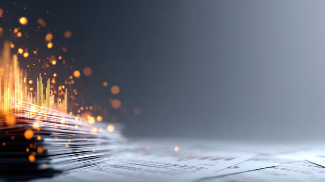 Image of abstract business report with glowing lights and data analysis concept. Showing rising financial data - Powered by Adobe