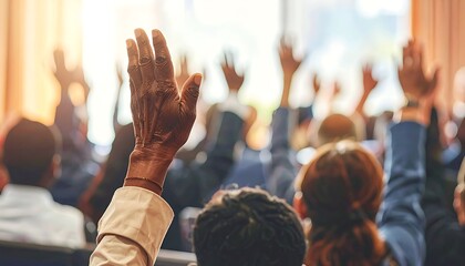 People raising hands audience participation conference agreement.
