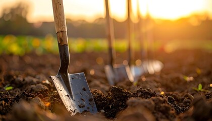 Shovels in soil at sunrise gardening tools agriculture.
