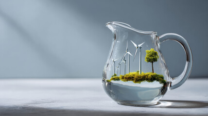 A glass pitcher showcases a miniature landscape with windmills and a tree, symbolizing sustainable energy and environmental consciousness