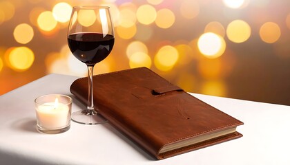 Wine glass with red wine and leather journal on table.