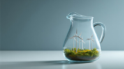 A clear glass pitcher containing wind turbines and a miniature landscape, representing environmental sustainability and green energy. 