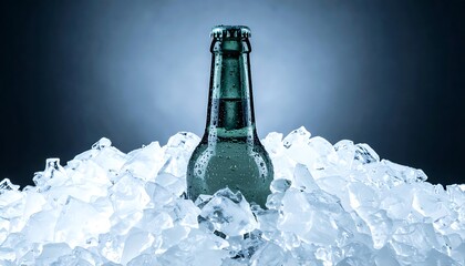 Cold beer bottle in ice refreshing drink chilled beverage.