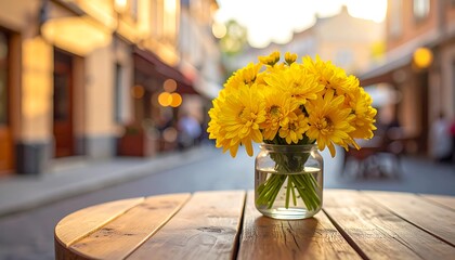 yellow flowers in vase on wooden table outdoors.