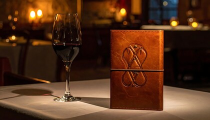 leather menu book wine glass restaurant table.