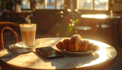 Coffee and croissants on cafe table with smartphone.