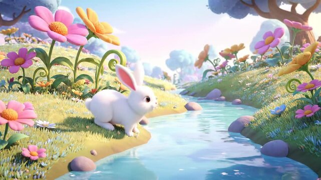 Adorable White Rabbit Exploring a Vibrant Fantasy Garden with a Flowing Stream.