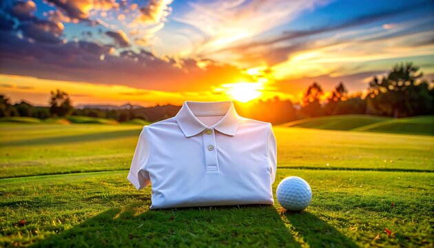 White golf polo shirt on grass with ball at sunrise.
