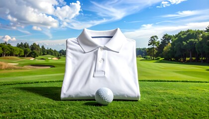 White golf shirt on golf course with ball.