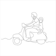 father carrying child on motorbike, line art. father ans son ride old motorbike line art 